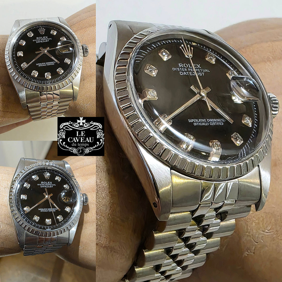 Datejust vetro plastica acciaio quadrante nero con brillanti ghiera zigrinata acciaio - scatola e garanzia LeCaveau