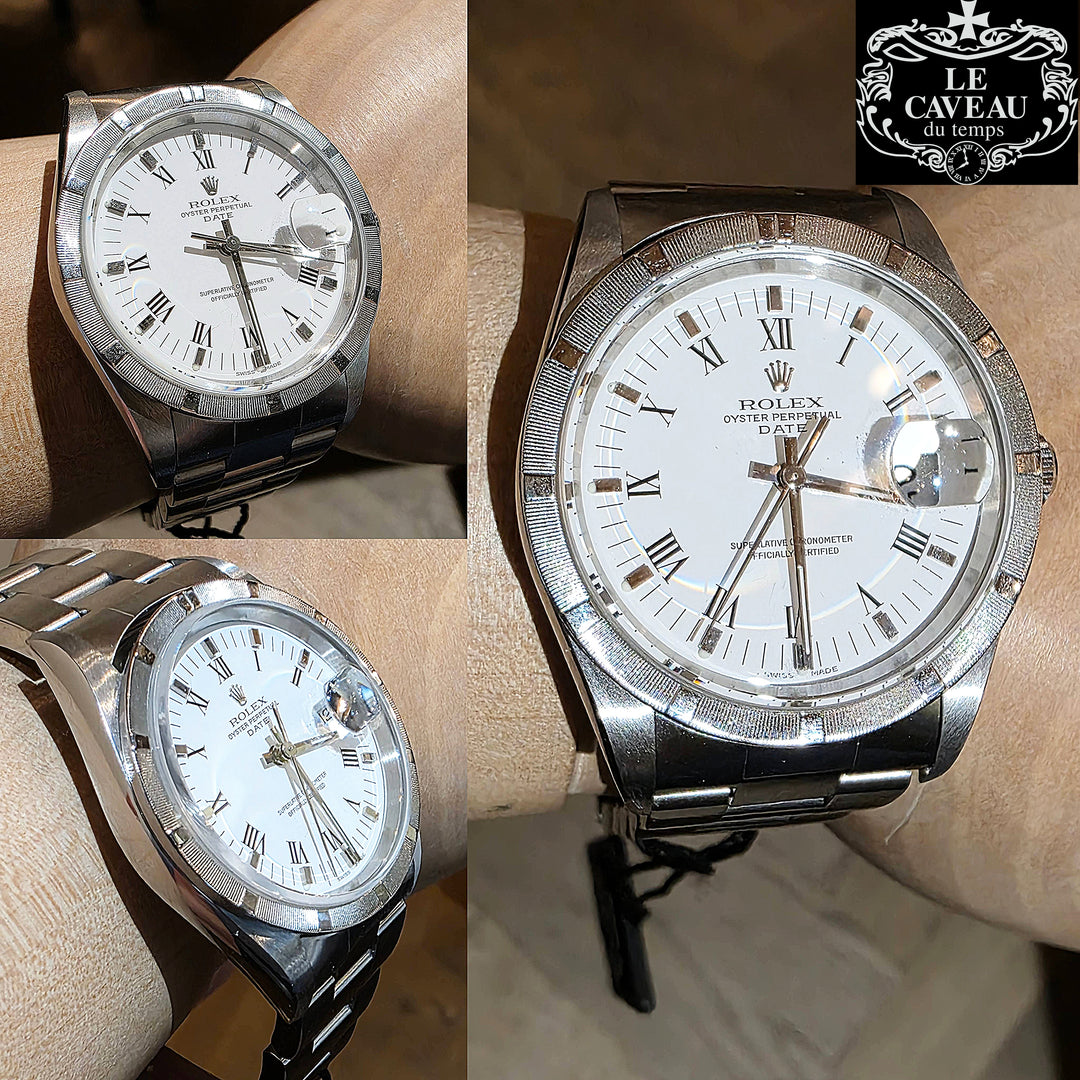Date acciaio 34mm bracciale Oyster quadrante bianco ghiera godronata - scatola e garanzia LeCaveau
