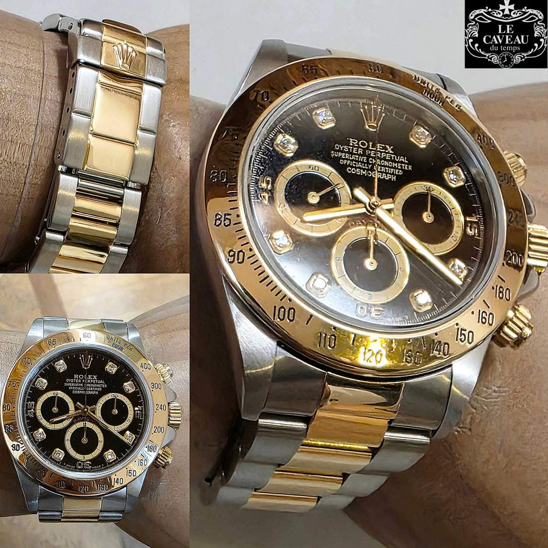 Daytona Zenith acciaio\oro quadrante nero con brillanti - Scatola e garanzia LeCaveau