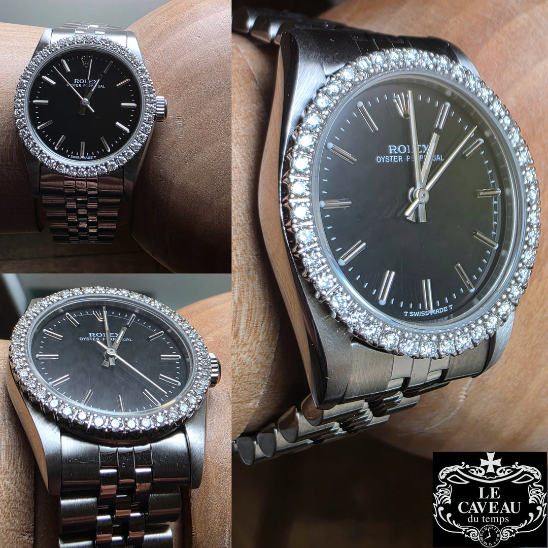 Oyster Perpetual 31mm acciaio quadrante nero con ghiera con brillanti after market - scatola e garanzia LeCaveau
